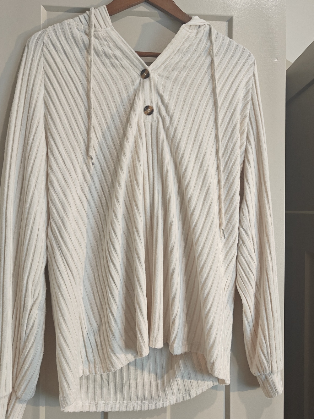 Women's Ribbed Hooded Button Pullover in Cream